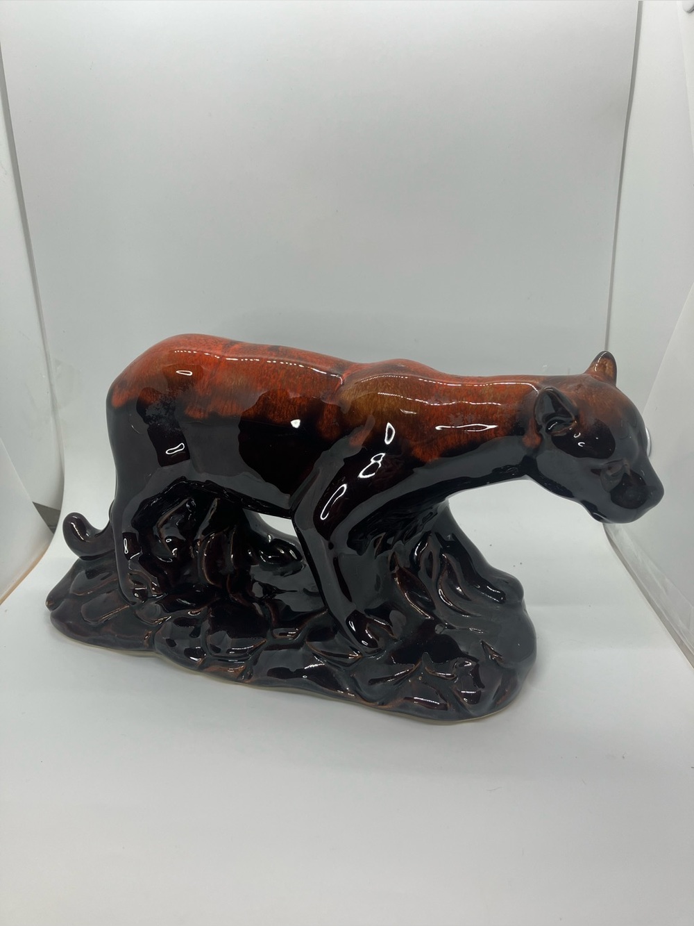 Vtg MCM Ceramic Cougar Panther Figurine Brown & Orange Drip Glaze Cat Figure - Picture 2 of 7